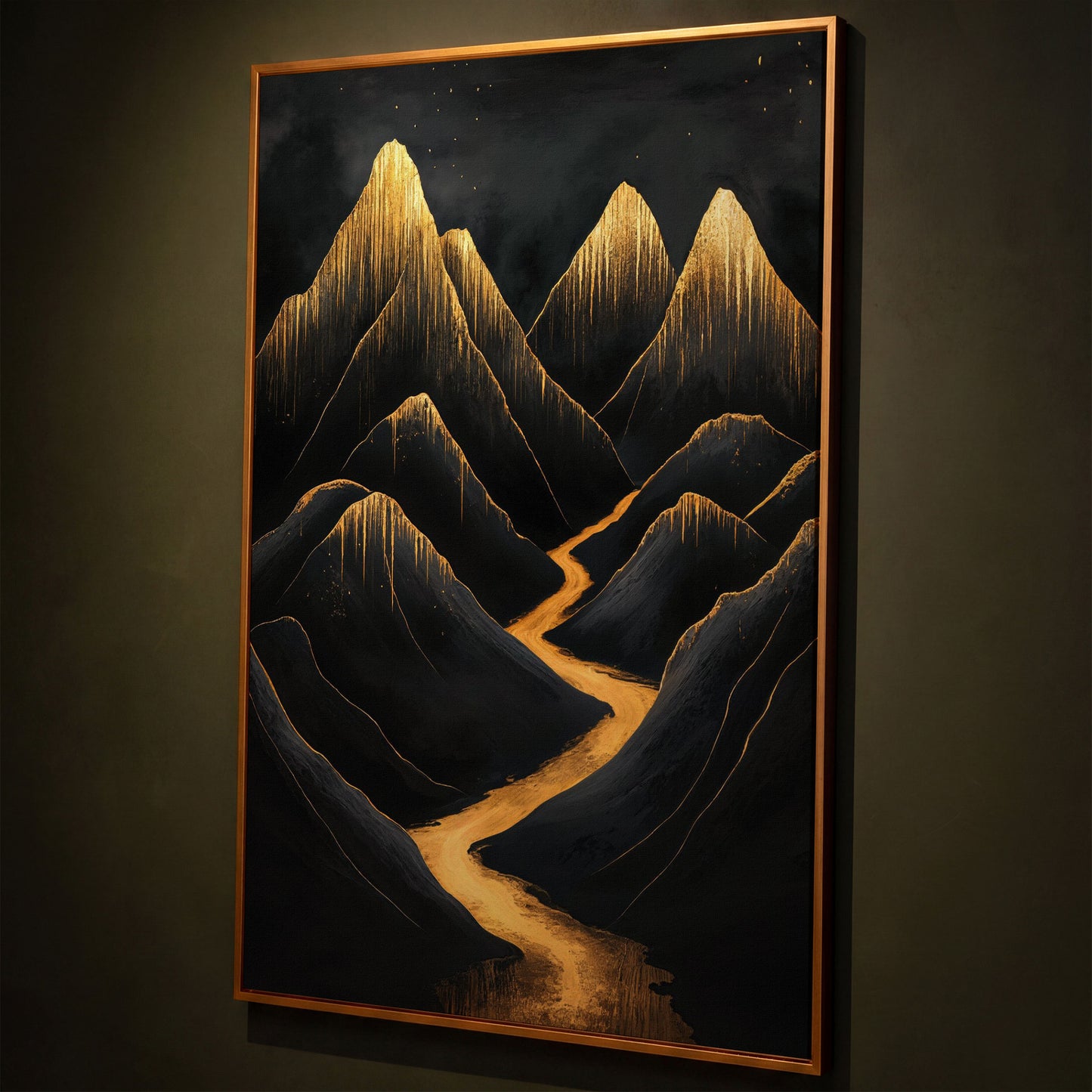 Golden Peaks Black Mountain Canvas Print shown in antique gold floating frame