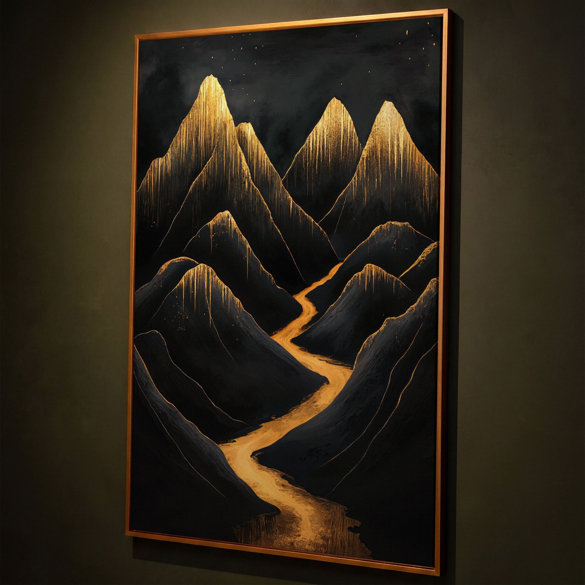 Golden Peaks Black Mountain Canvas Print shown in antique gold floating frame