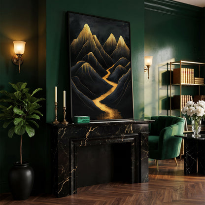 Golden Peaks Black Mountain Canvas Print in black floating frame