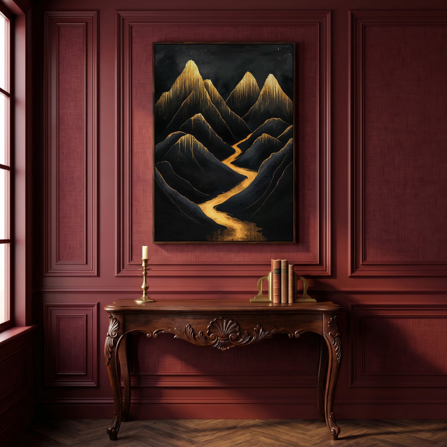 Golden Peaks Black Mountain Canvas Print in dark walnut floating frame