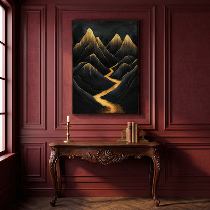 Golden Peaks Black Mountain Canvas Print in dark walnut floating frame