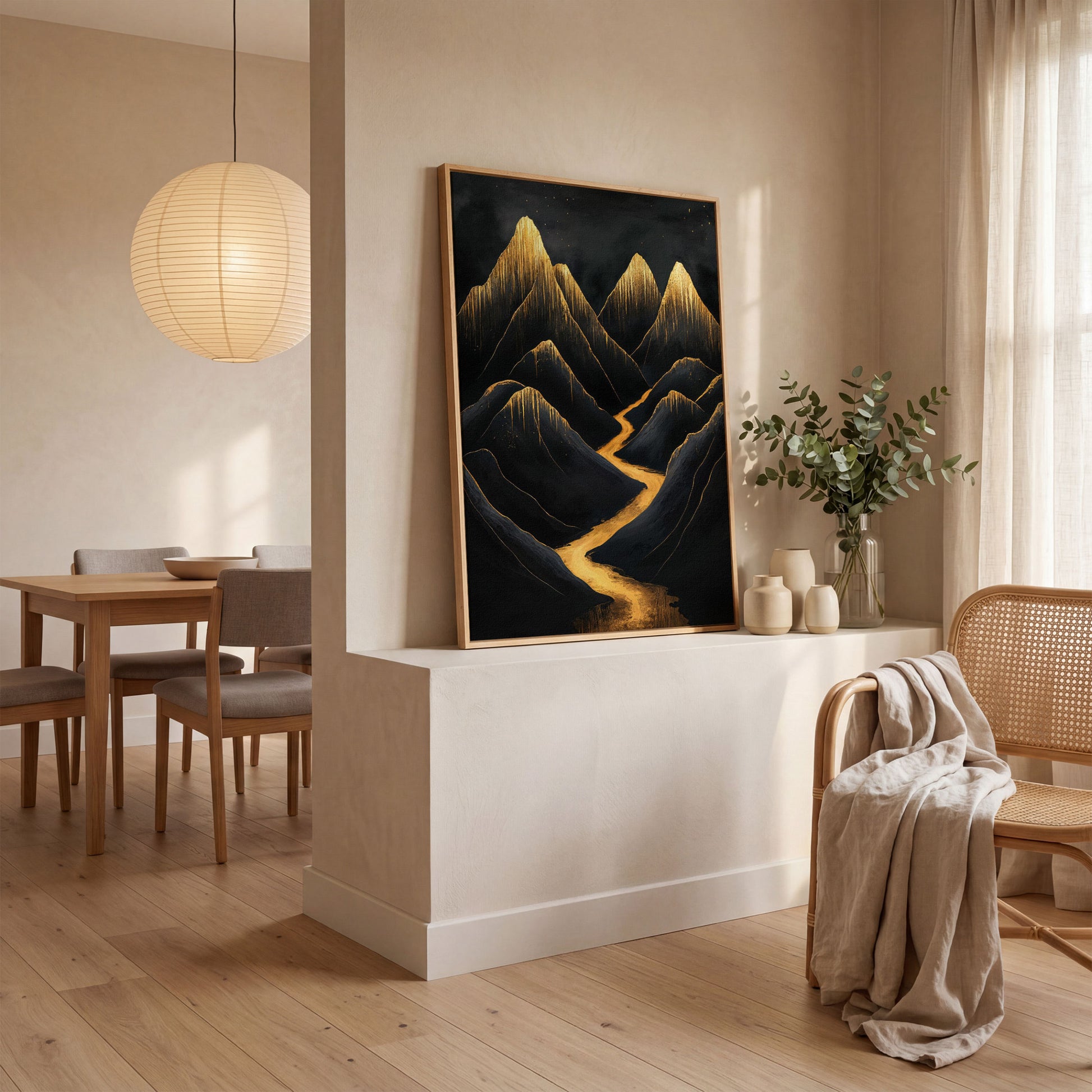 Golden Peaks Black Mountain Canvas Print in white oak floating frame