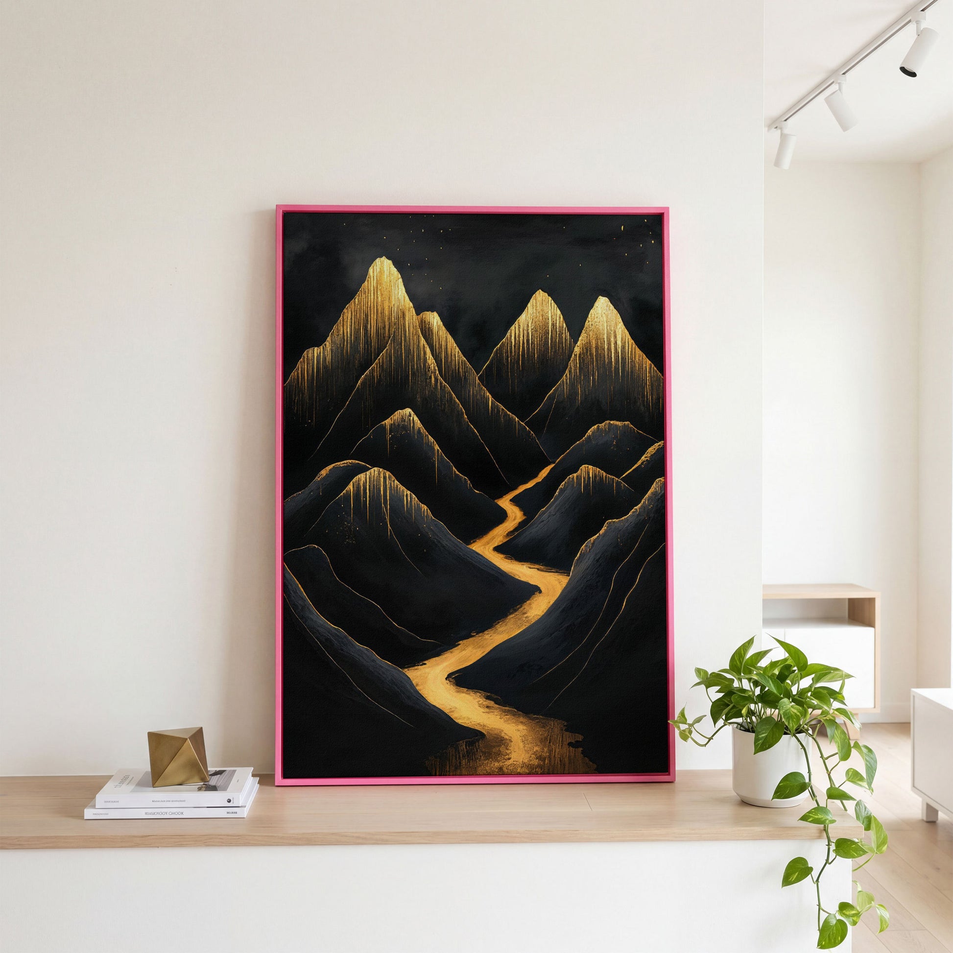 Golden Peaks Black Mountain Canvas Print in pink floating frame