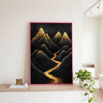 Golden Peaks Black Mountain Canvas Print in pink floating frame