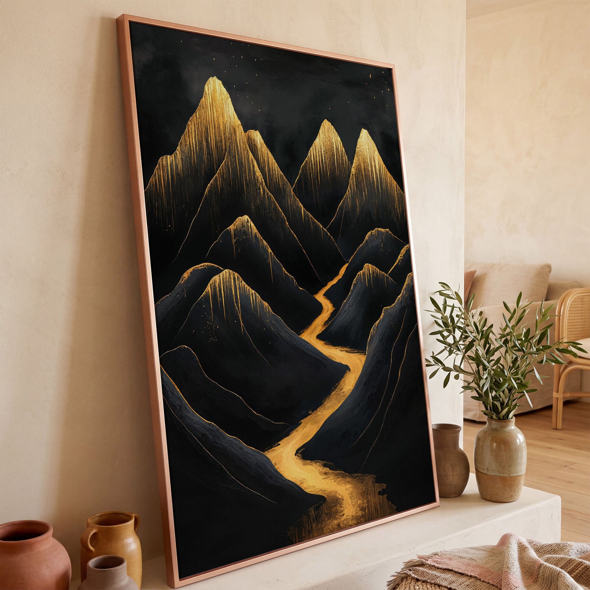 Golden Peaks Black Mountain Canvas Print in rose gold floating frame