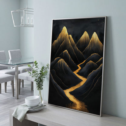 Golden Peaks Black Mountain Canvas Print in silver floating frame