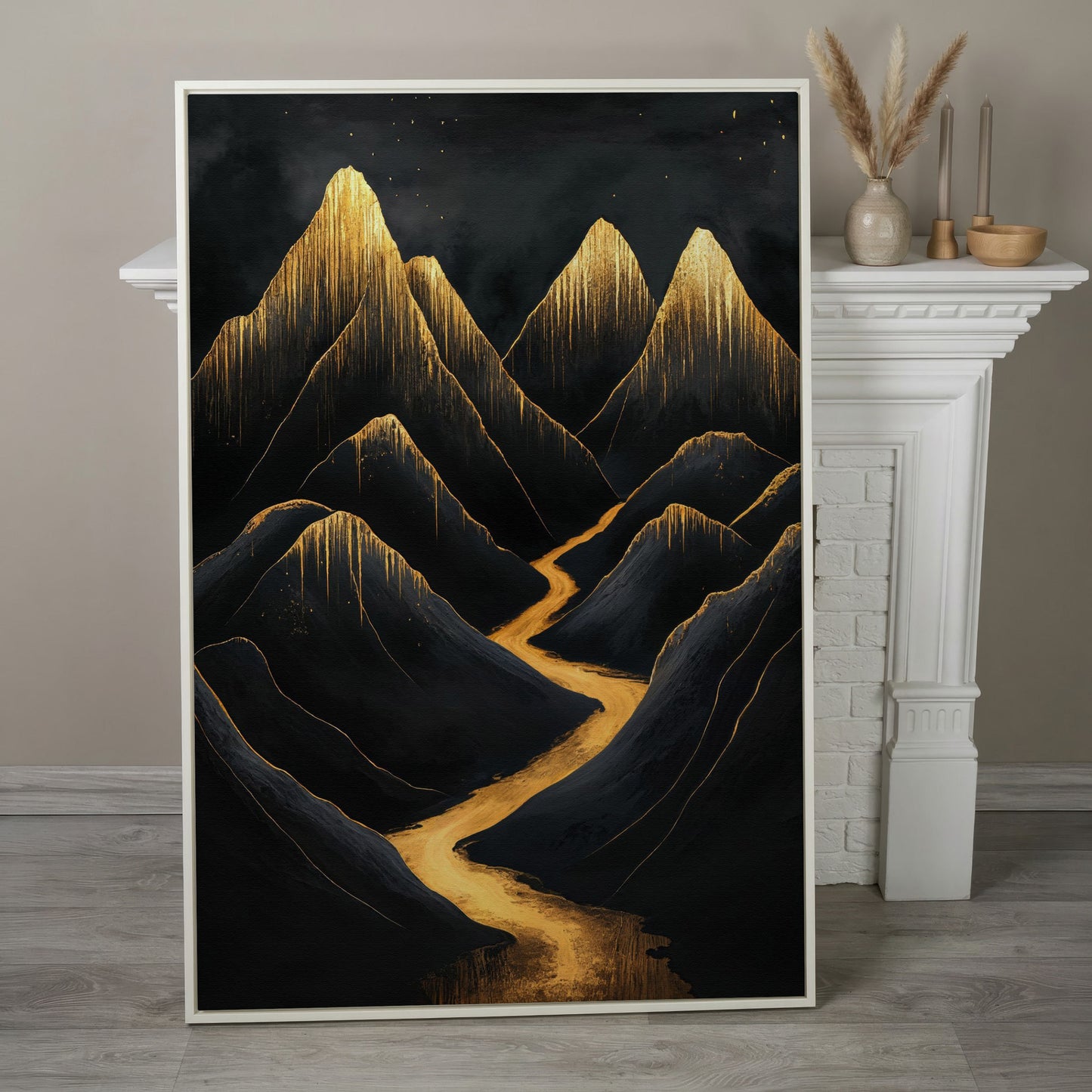 Golden Peaks Black Mountain Canvas Print in white floating frame