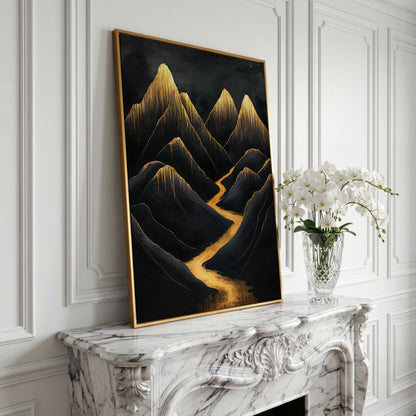 Golden Peaks Black Mountain Canvas Print in yellow gold floating frame