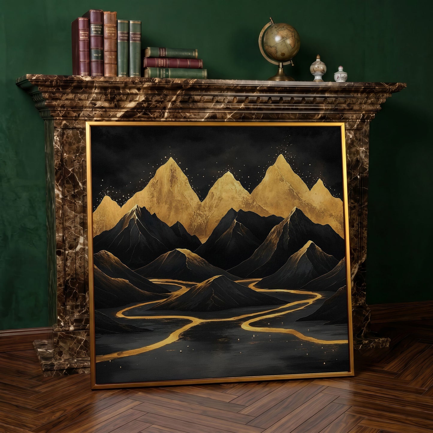 Black Gold Mountain Landscape Canvas in antique gold floating frame