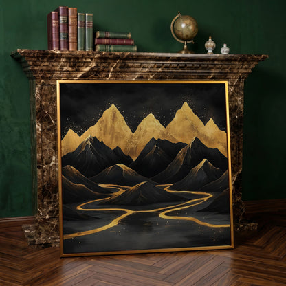 Black Gold Mountain Landscape Canvas in antique gold floating frame