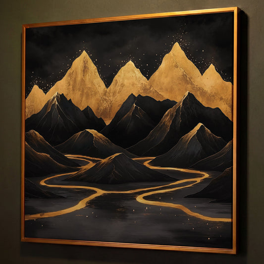 Black Gold Mountain Landscape Canvas shown in antique gold floating frame