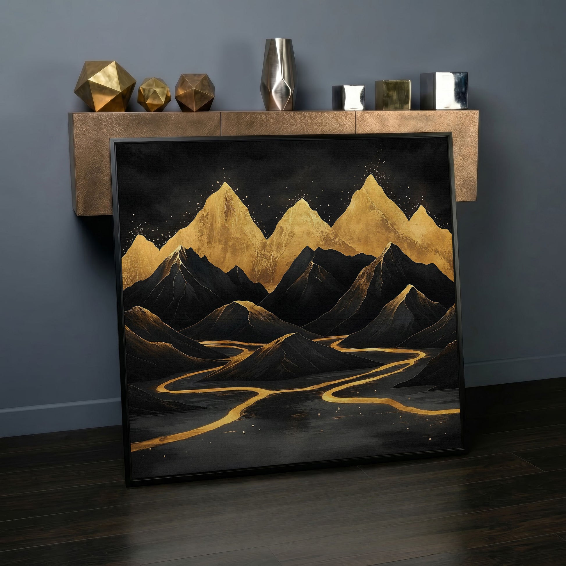 Black Gold Mountain Landscape Canvas in black floating frame
