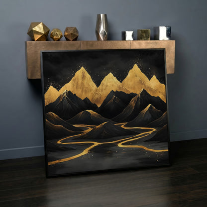 Black Gold Mountain Landscape Canvas in black floating frame