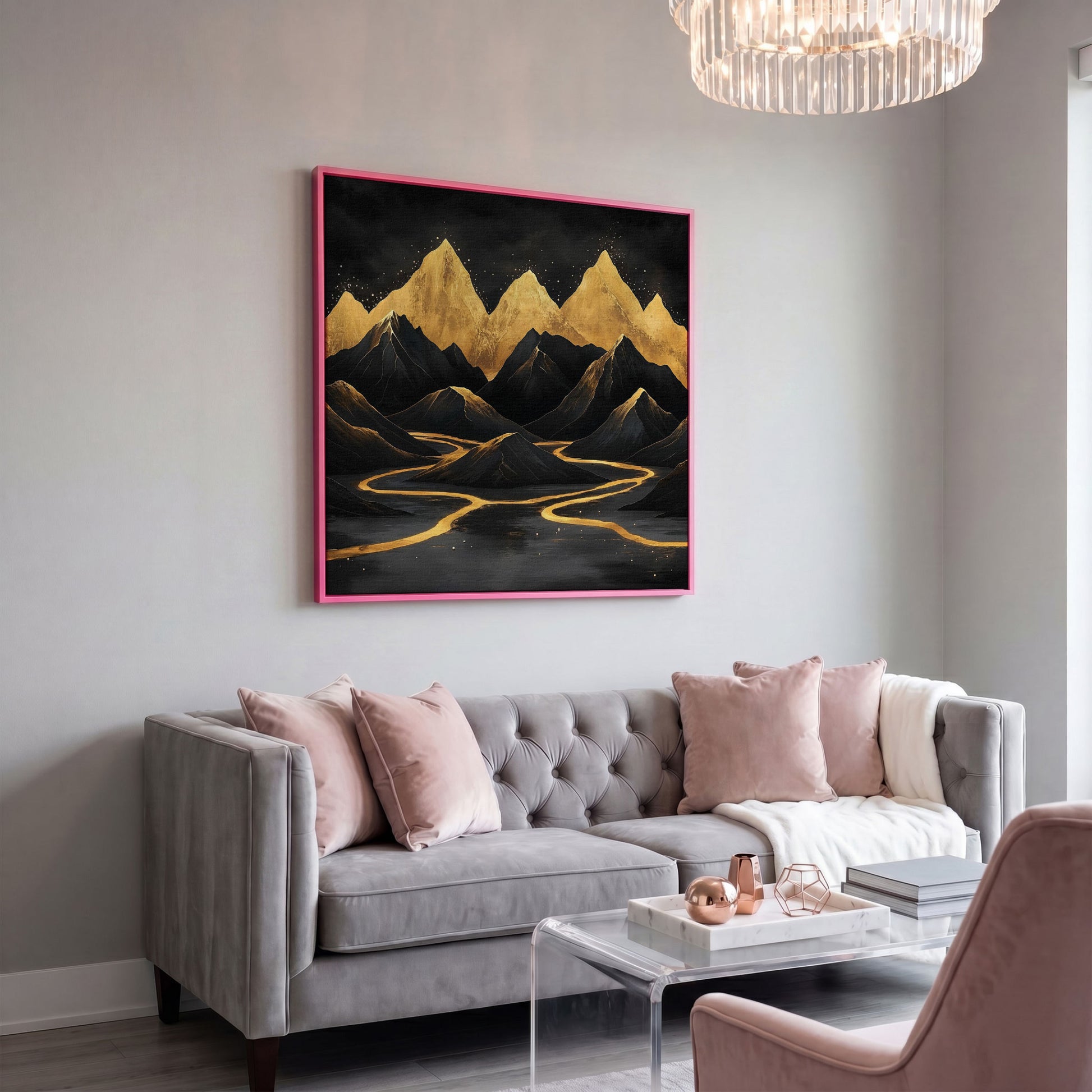 Black Gold Mountain Landscape Canvas in pink floating frame