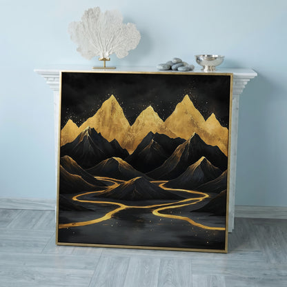 Black Gold Mountain Landscape Canvas in rose gold floating frame