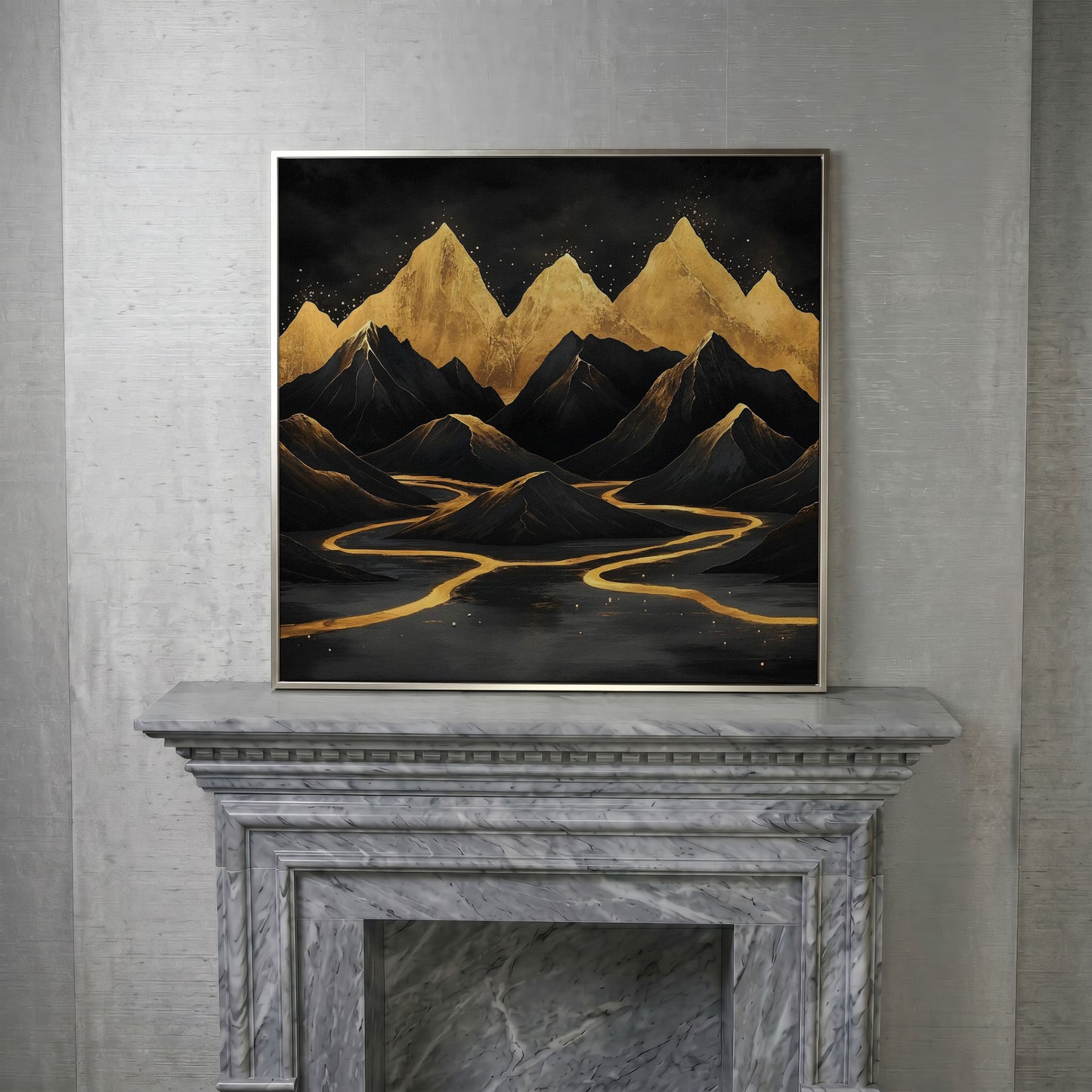 Black Gold Mountain Landscape Canvas in silver floating frame
