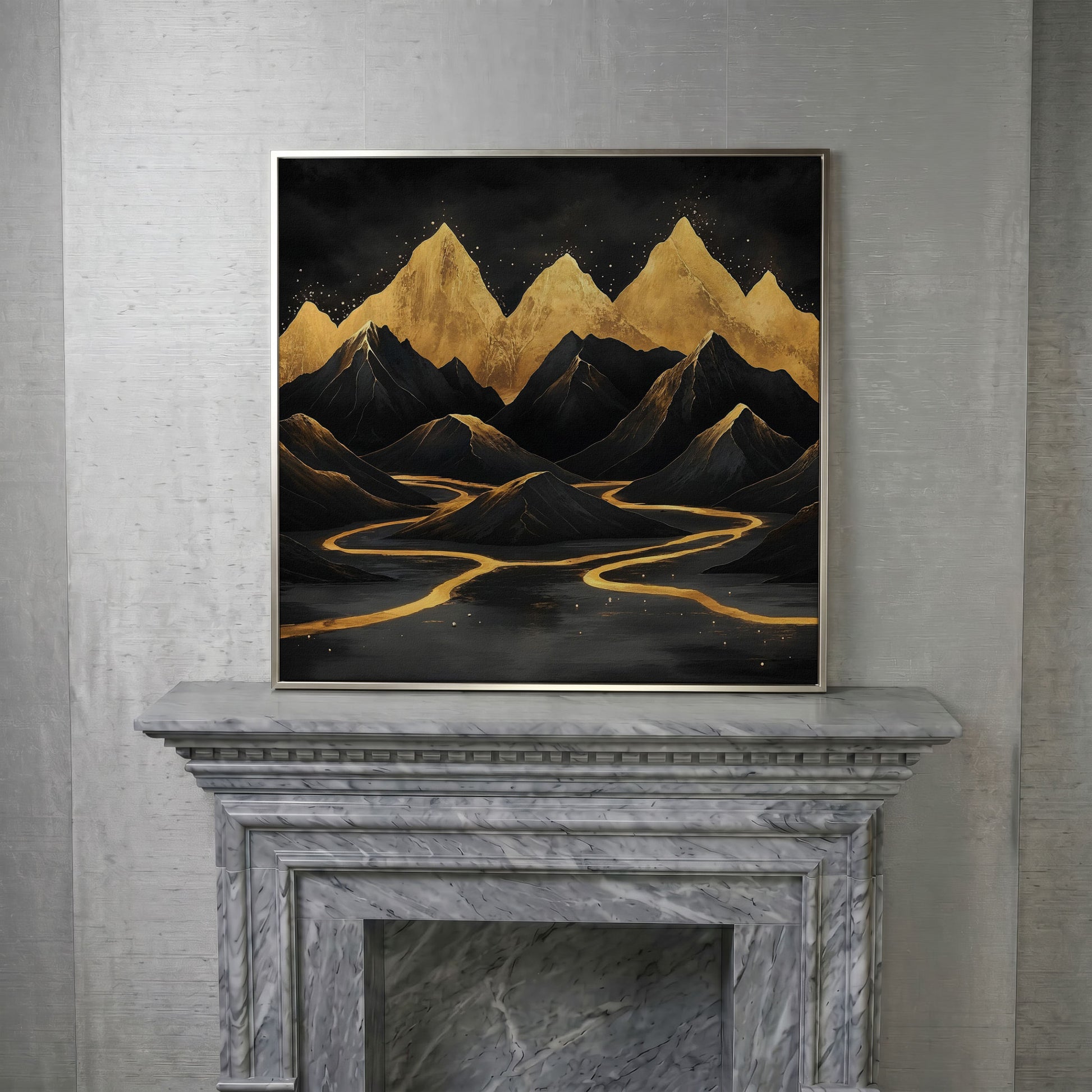 Black Gold Mountain Landscape Canvas in silver floating frame