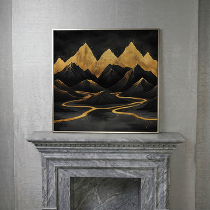 Black Gold Mountain Landscape Canvas in silver floating frame