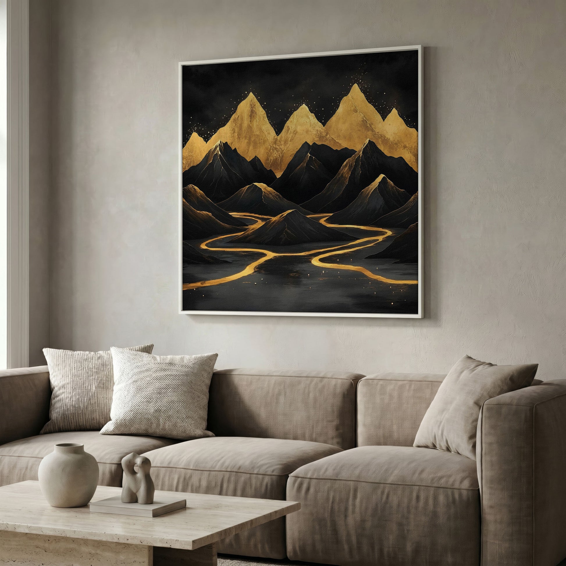 Black Gold Mountain Landscape Canvas in white floating frame