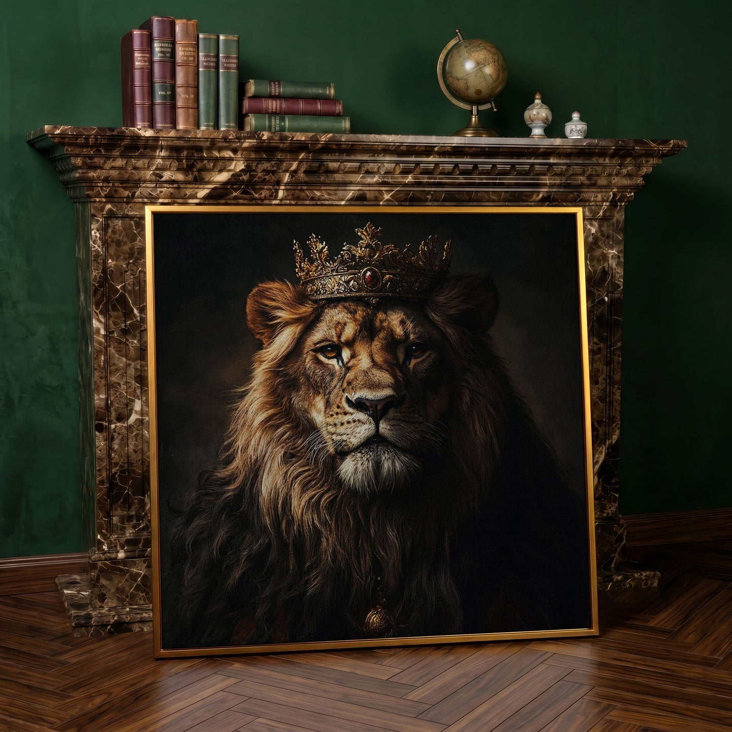 Lion in Crown Canvas Print in antique gold floating frame