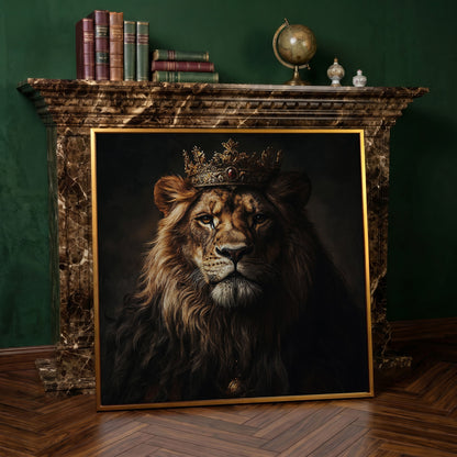 Lion in Crown Canvas Print in antique gold floating frame