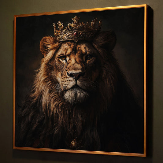Lion in Crown Canvas Print shown in antique gold floating frame