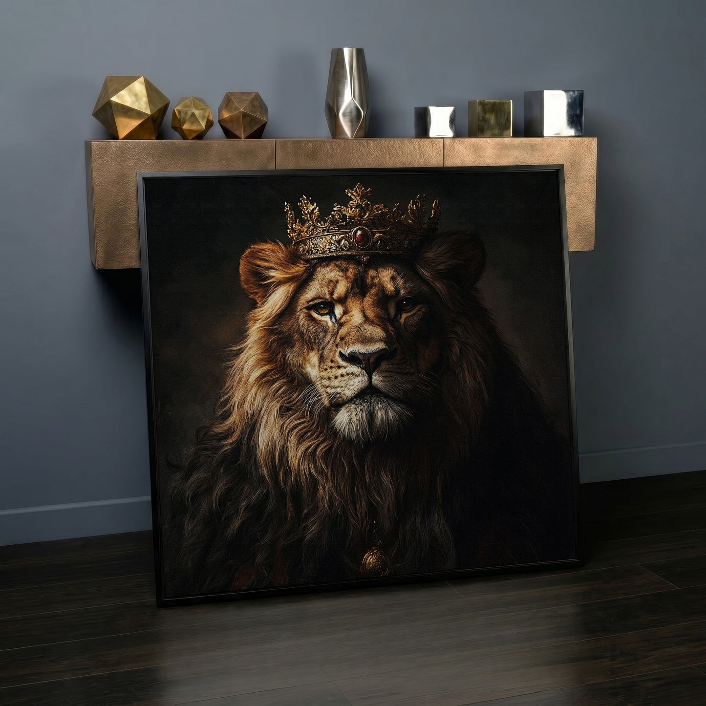 Lion in Crown Canvas Print in black floating frame
