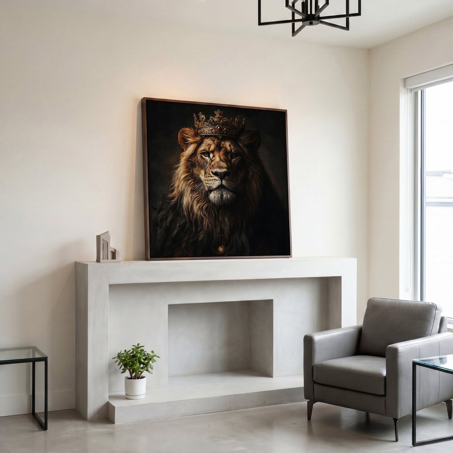 Lion in Crown Canvas Print in dark walnut floating frame