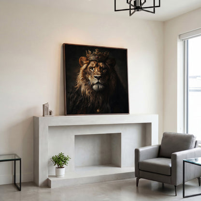 Lion in Crown Canvas Print in dark walnut floating frame