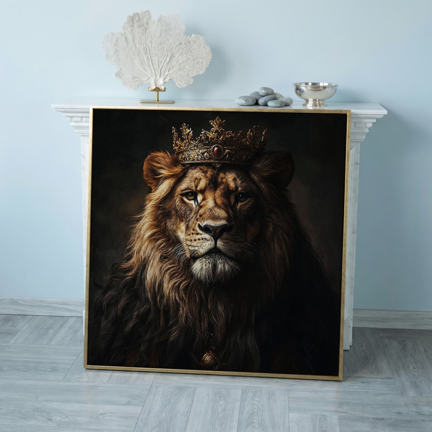 Lion in Crown Canvas Print in rose gold floating frame