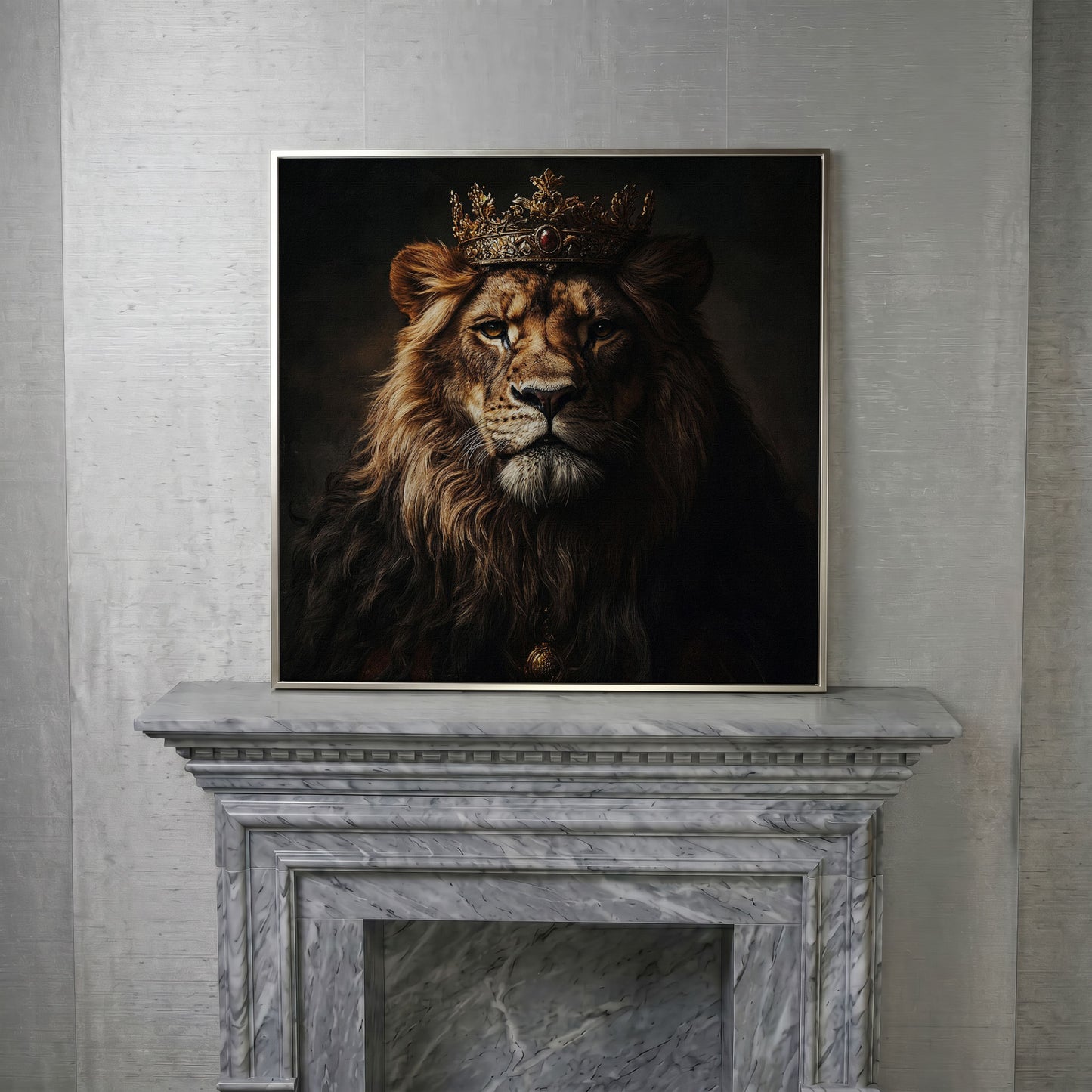 Lion in Crown Canvas Print in silver floating frame