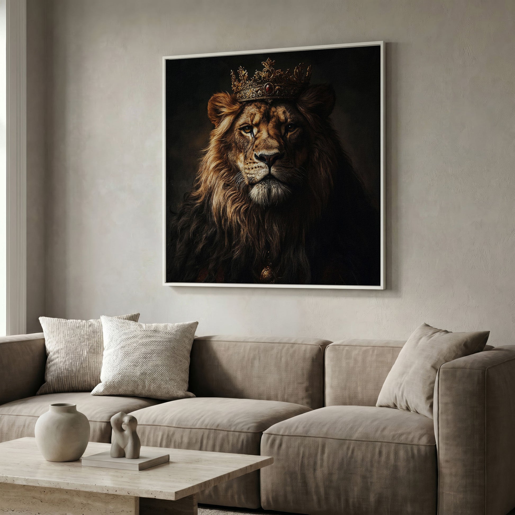 Lion in Crown Canvas Print in white floating frame