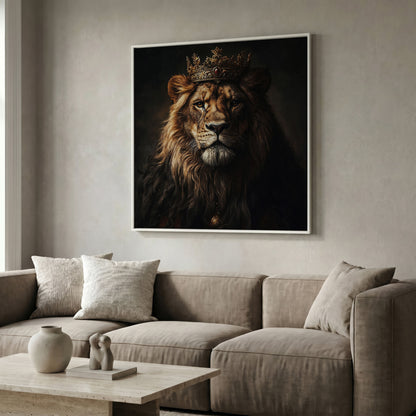 Lion in Crown Canvas Print in white floating frame