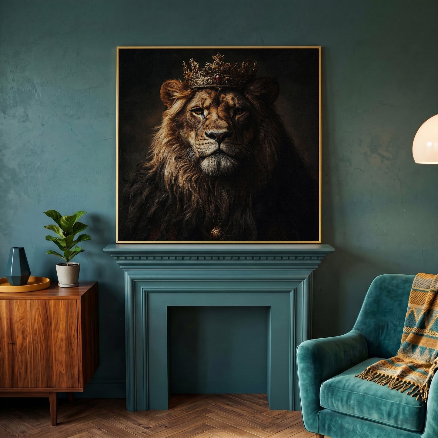 Lion in Crown Canvas Print in yellow gold floating frame