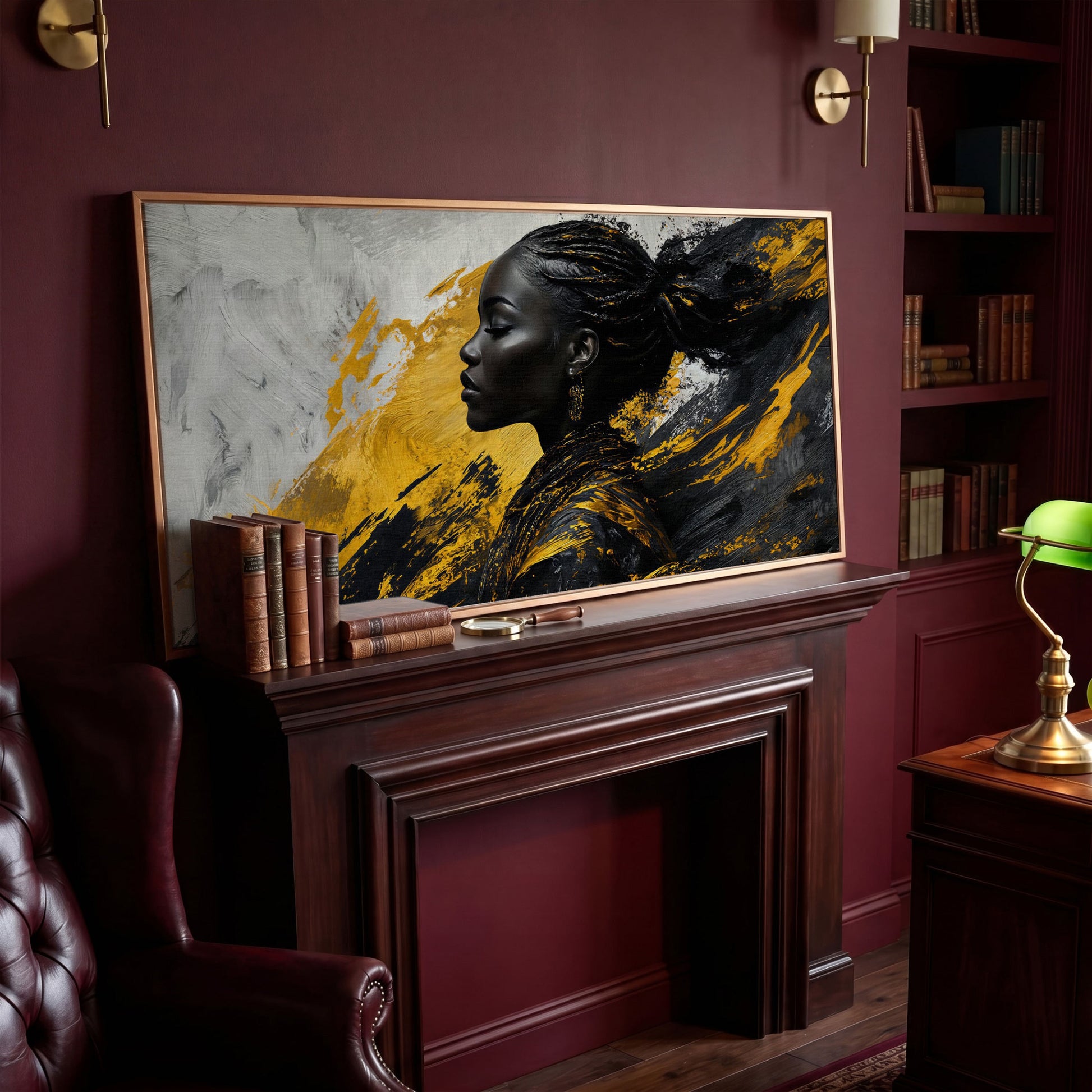 African Woman Fashion Canvas Art in antique gold floating frame
