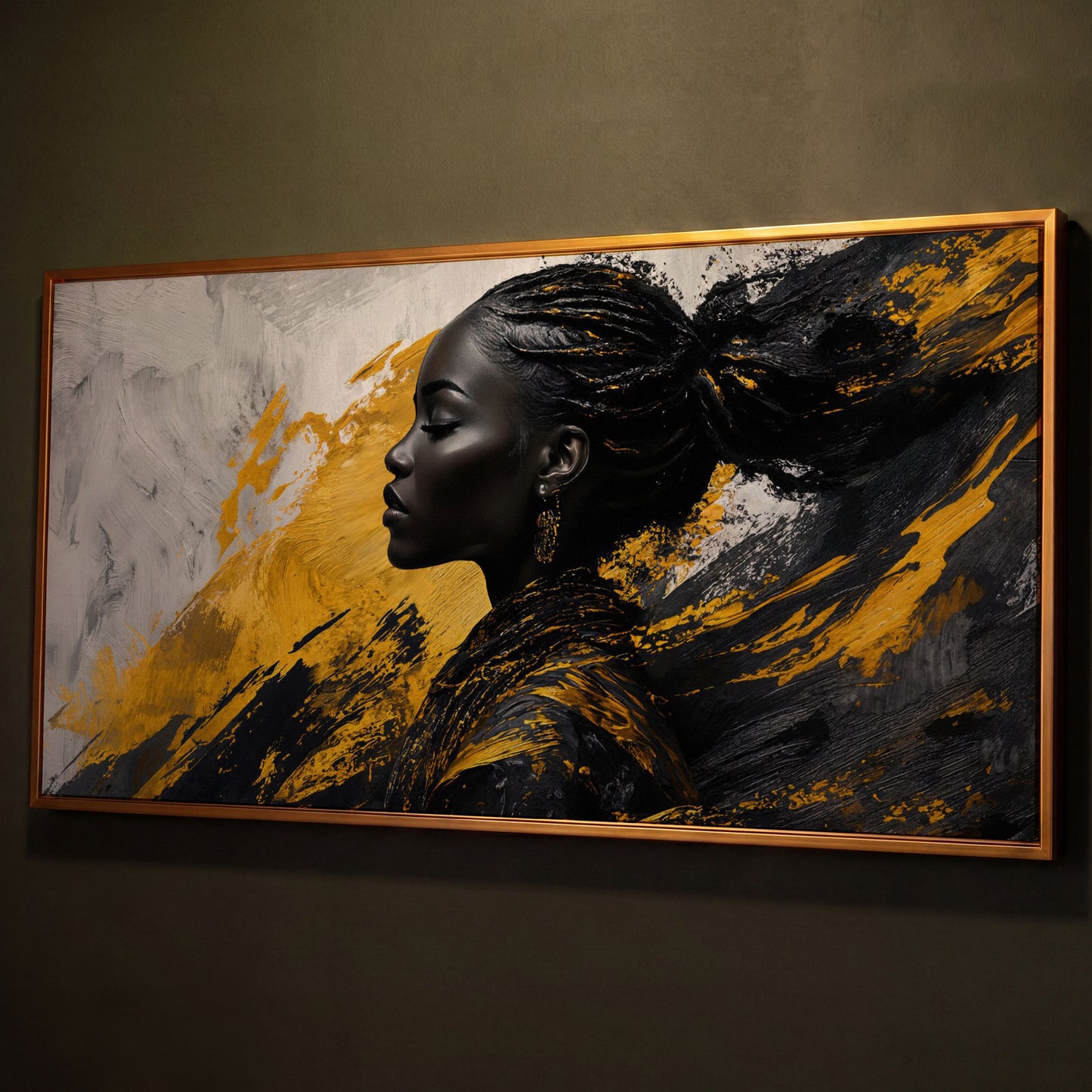 African Woman Fashion Canvas Art shown in antique gold floating frame