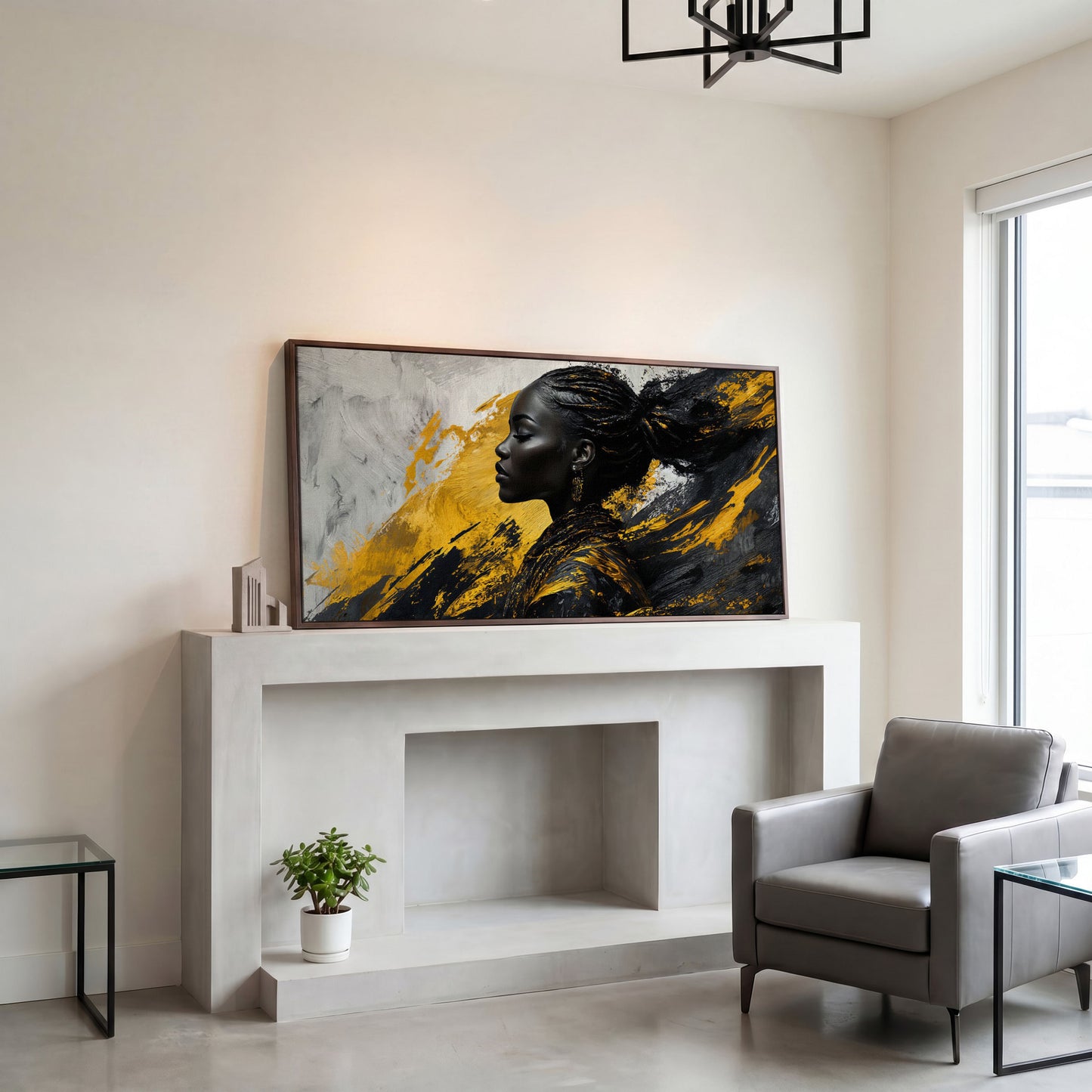 African Woman Fashion Canvas Art in dark walnut floating frame