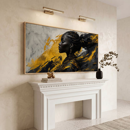 African Woman Fashion Canvas Art in white oak floating frame