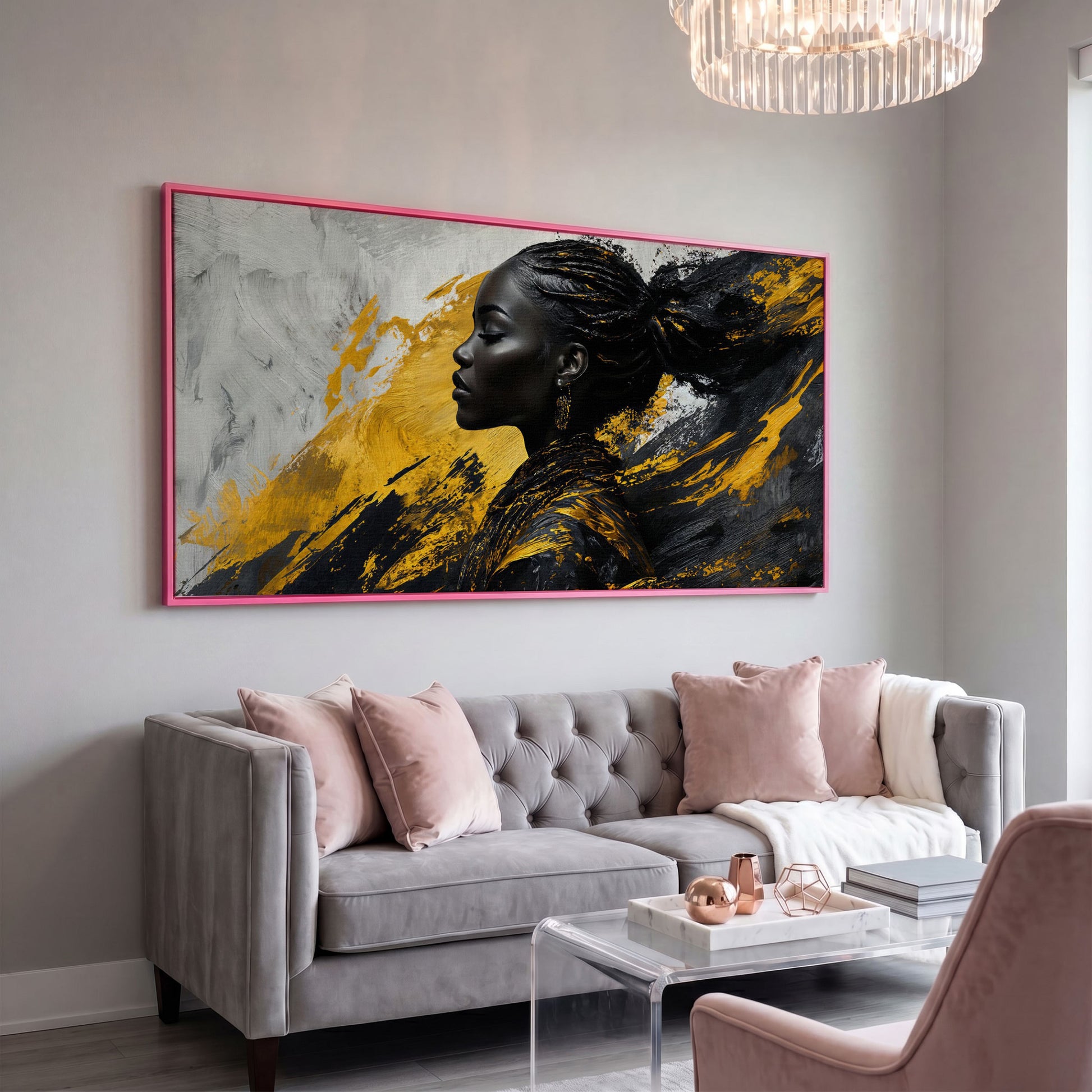 African Woman Fashion Canvas Art in pink floating frame