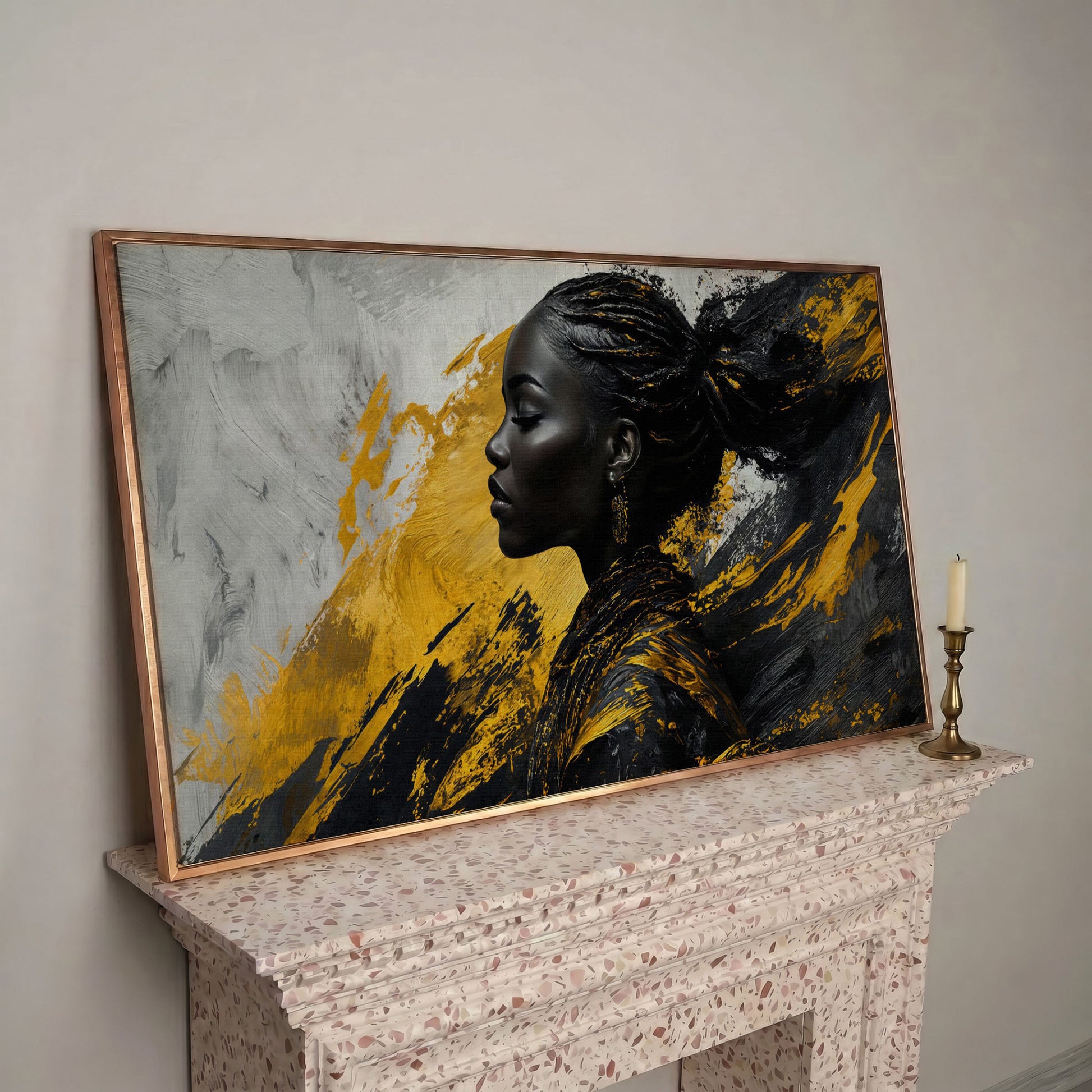 African Woman Fashion Canvas Art in rose gold floating frame