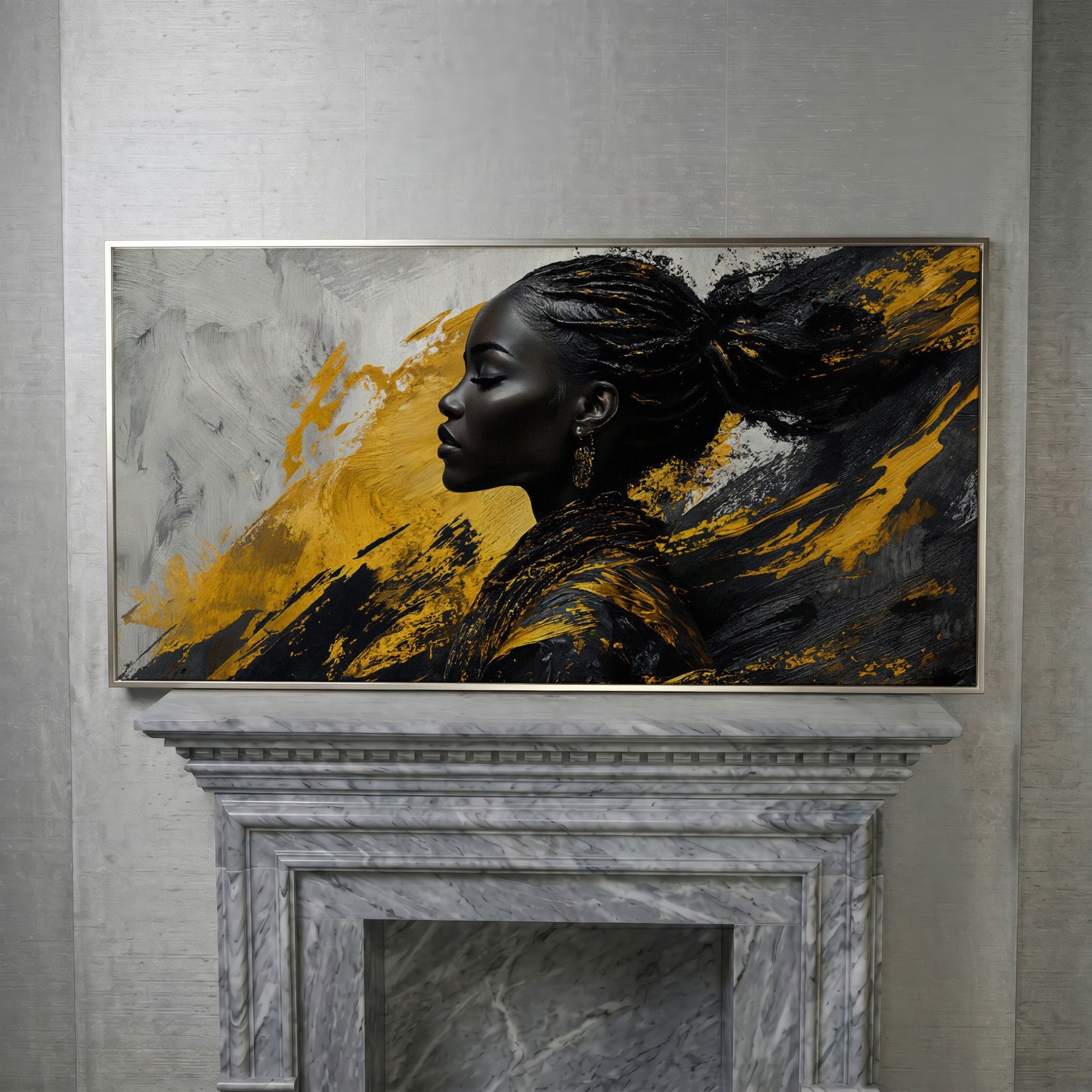 African Woman Fashion Canvas Art in silver floating frame