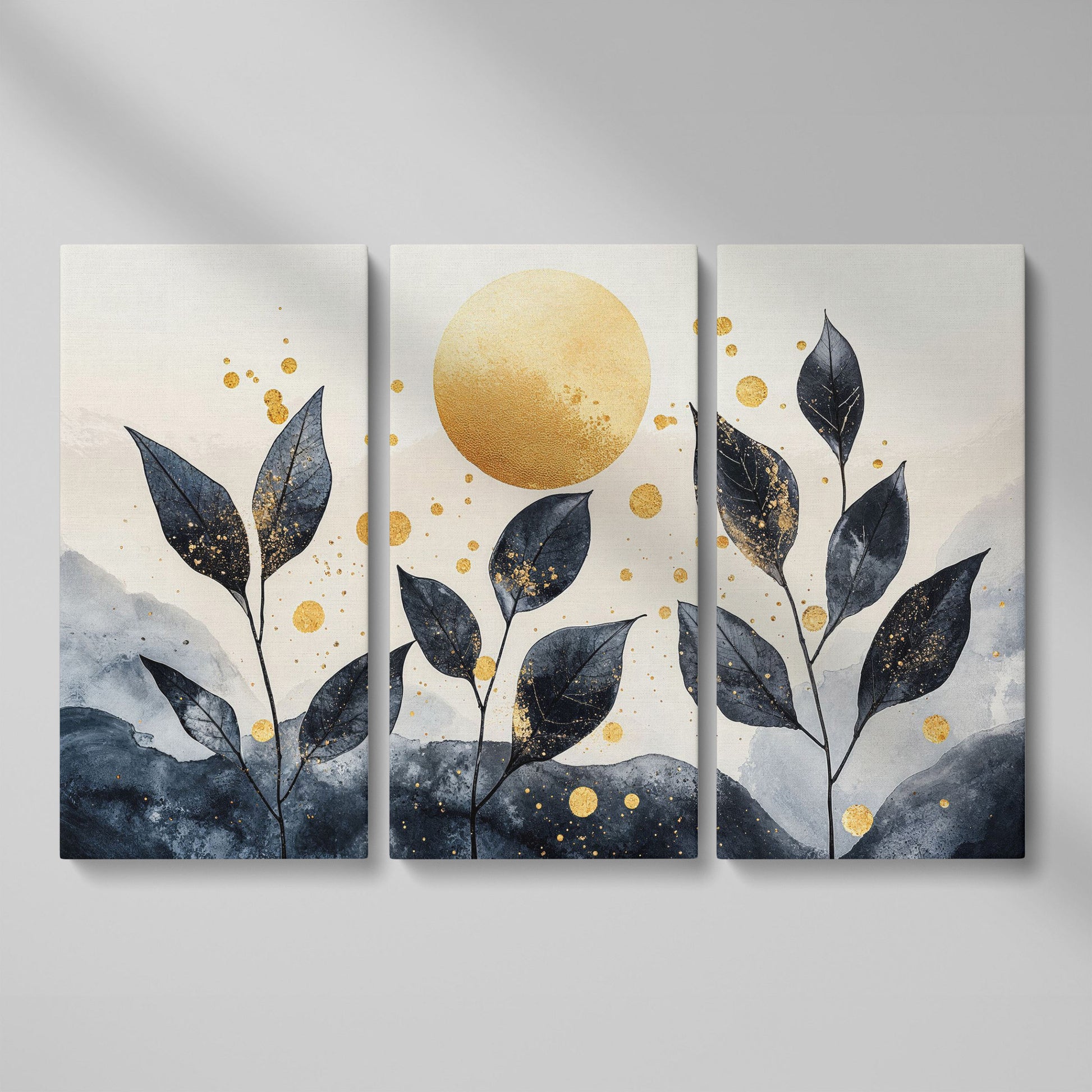 Black Leaves and Golden Sun Abstract Canvas as 3-panel split version
