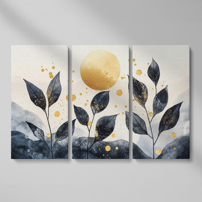 Black Leaves and Golden Sun Abstract Canvas as 3-panel split version