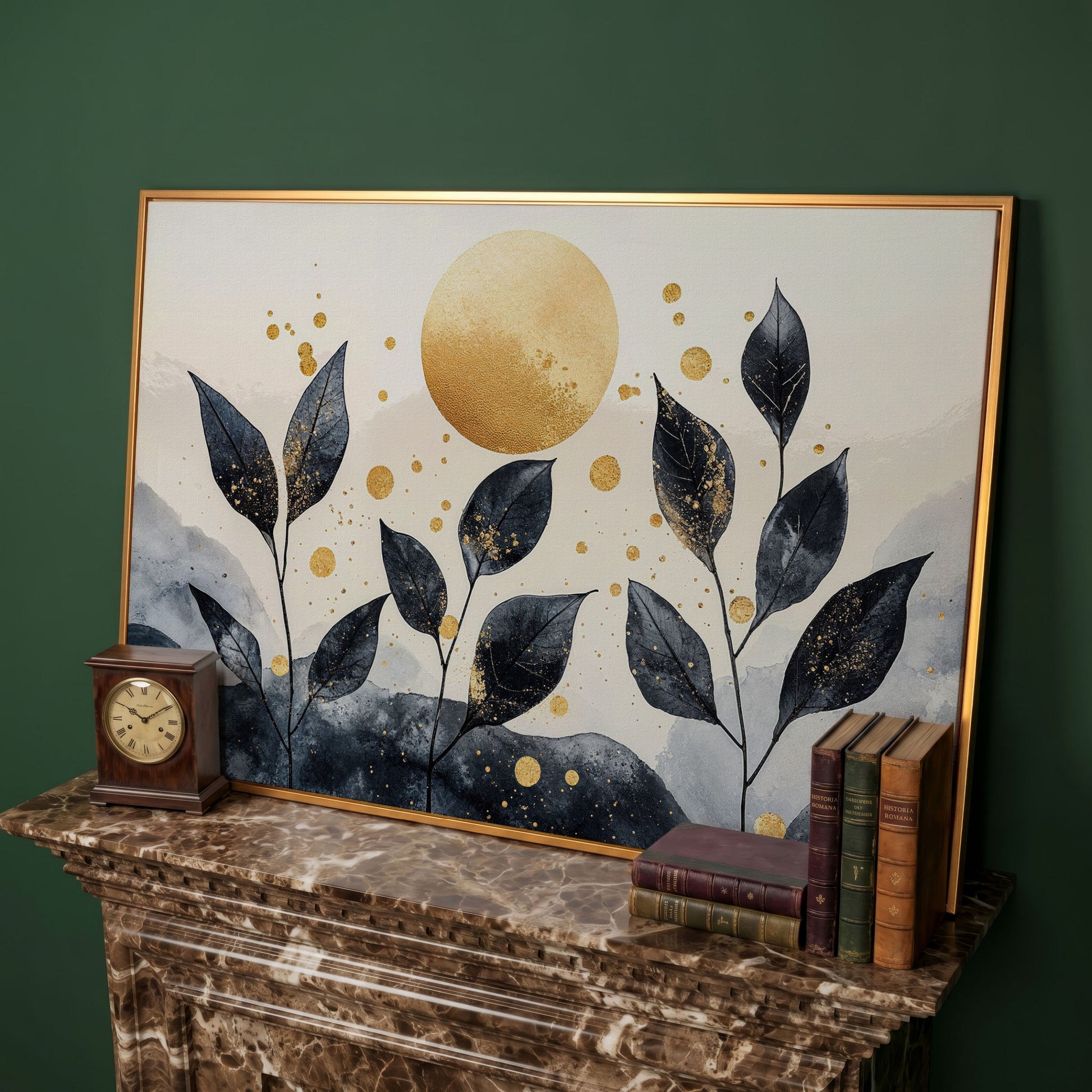 Black Leaves and Golden Sun Abstract Canvas in antique gold floating frame