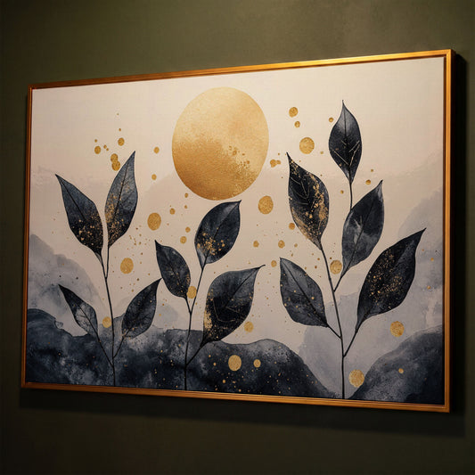Black Leaves and Golden Sun Abstract Canvas shown in antique gold floating frame