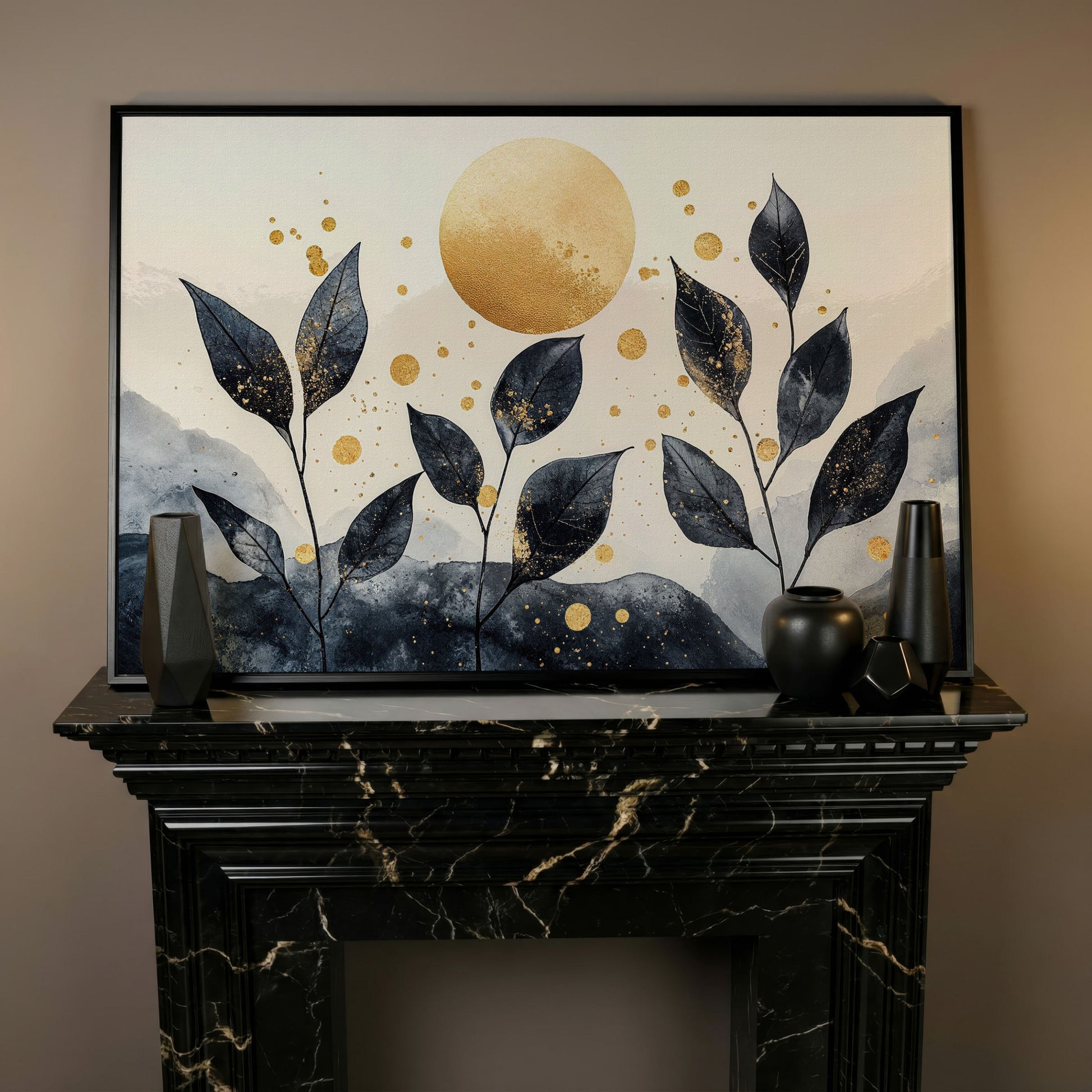 Black Leaves and Golden Sun Abstract Canvas in black floating frame