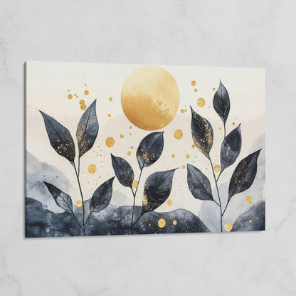 Black Leaves and Golden Sun Abstract Canvas on gallery wrap