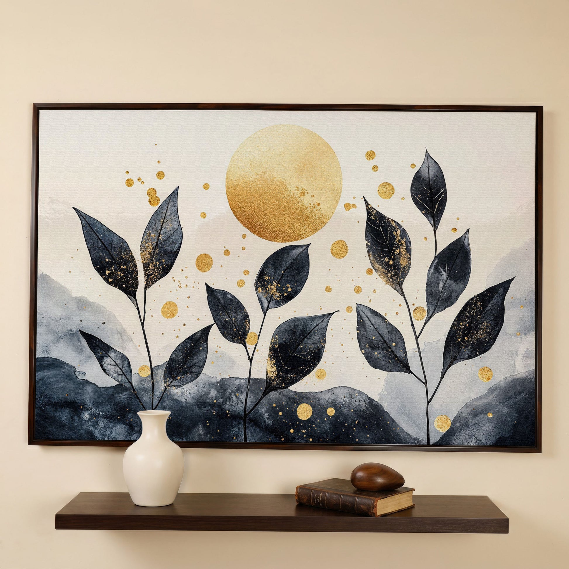 Black Leaves and Golden Sun Abstract Canvas in dark walnut floating frame