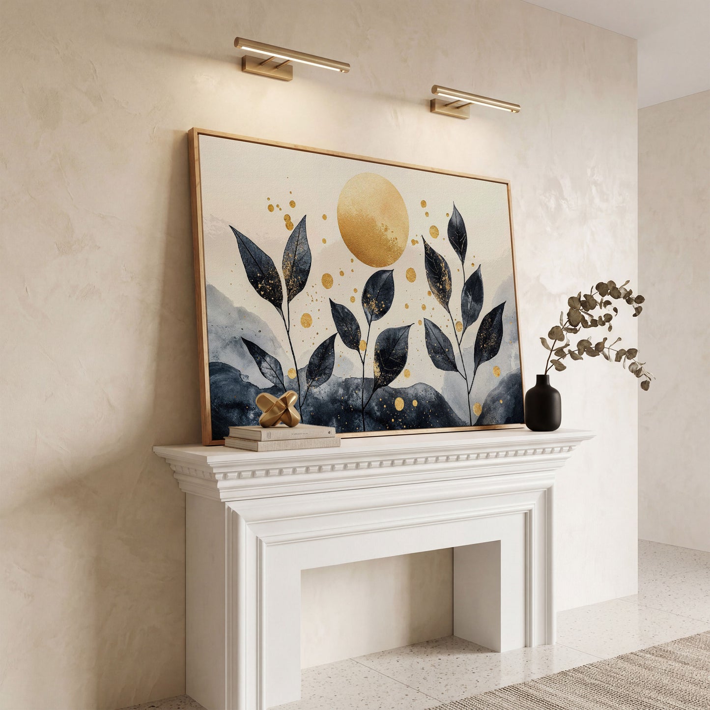 Black Leaves and Golden Sun Abstract Canvas in white oak floating frame