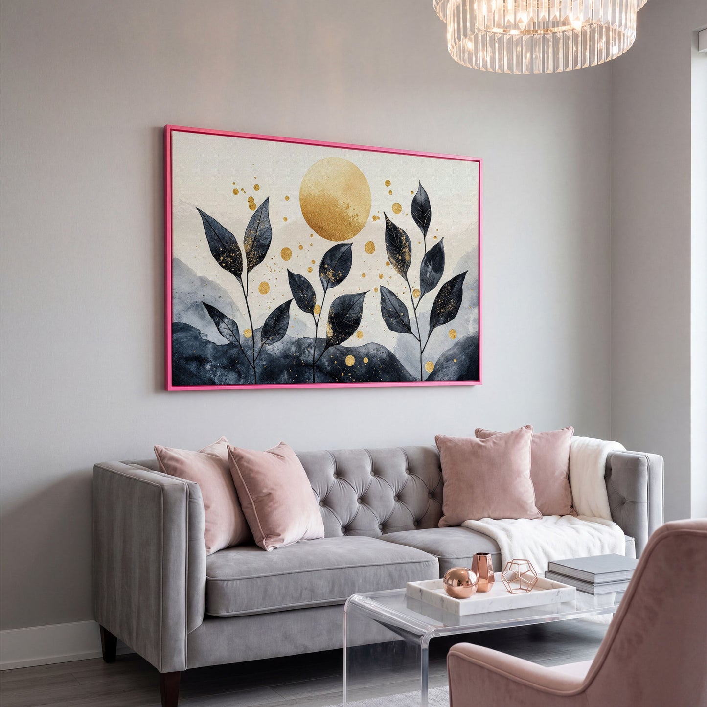 Black Leaves and Golden Sun Abstract Canvas in pink floating frame